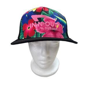 In-N-Out Burger Hibiscus Hat Pink Embroidery Black Cap Tropical Print SnapBack